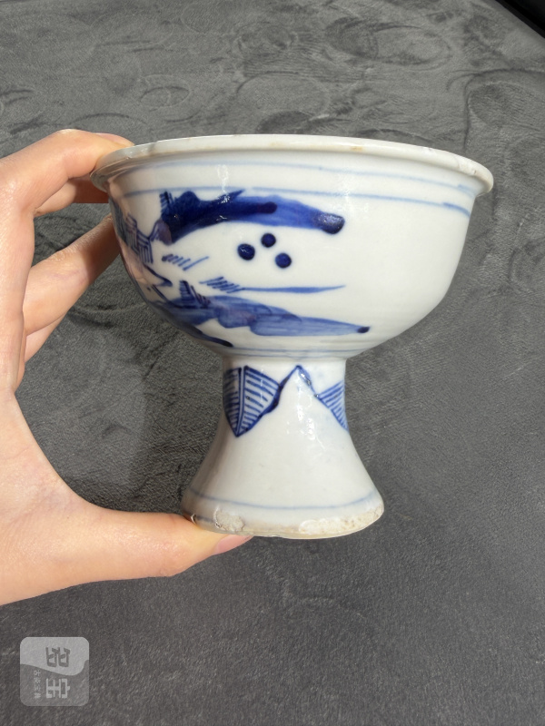 清晚期青花山水纹高足杯 - 图4